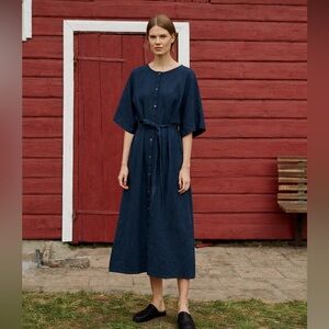 Linenfox Athiec Dress Navy Blue Linen Tie Waist Button Front Lagenlook XXL